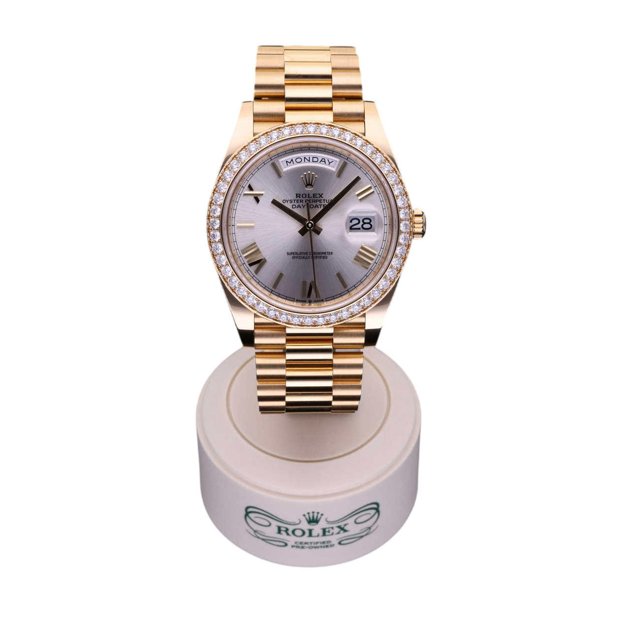 Day-Date 40 mm Yellow Gold Diamond Bezel Silver Dial M228348rbr-0007