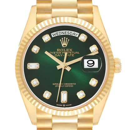 President Day-Date 36mm Yellow Gold Green Diamond Dial Mens Watch 128238