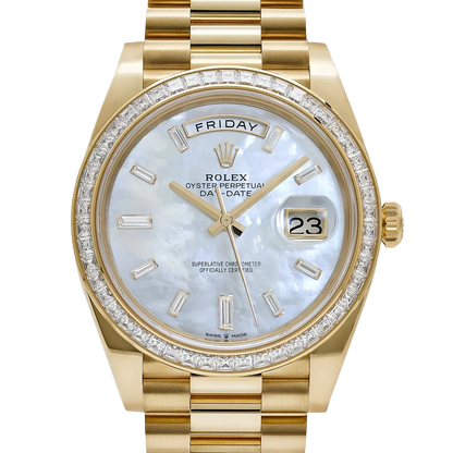 Day-Date 40 228398TBR Yellow Gold Mother of Pearl Diamond Baguette Dial and Bezel